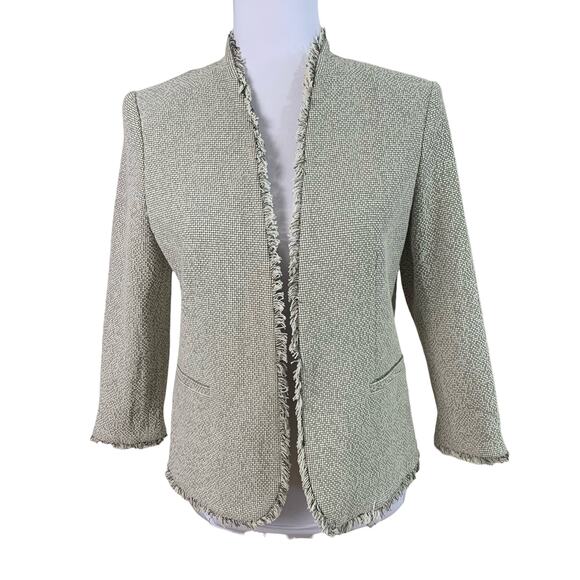Ann Taylor Size 8 Long Sleeve Lined Tweed Frayed Open Front Jacket Black Cream